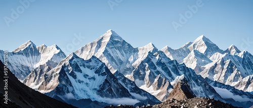Mountain peak of the tibetan snow-capped mountains, a beautiful panorama of the mountains at sunset of the day, generative ai. photo