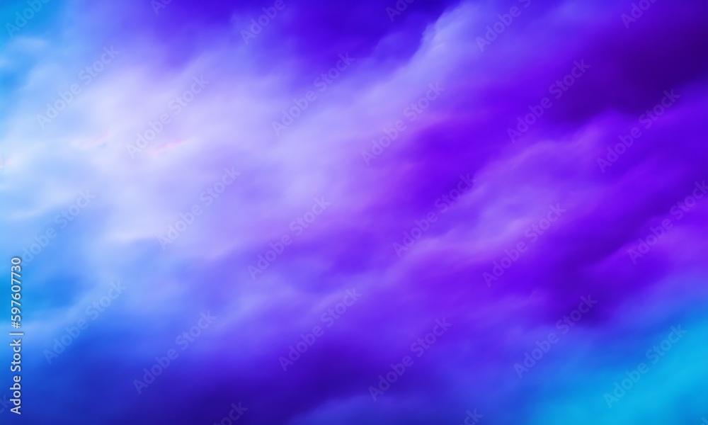 Mist texture. Color smoke. Paint water mix. Mysterious storm sky. Blue purple glowing fog cloud wave abstract art background with free space (Generative AI)