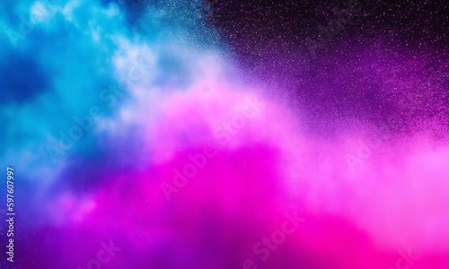 Glitter mist. Color vapor texture. Ink water mix. Fantasy sky. Neon pink blue shiny sparkling particles smoke floating on dark abstract art background with free space (Generative AI)