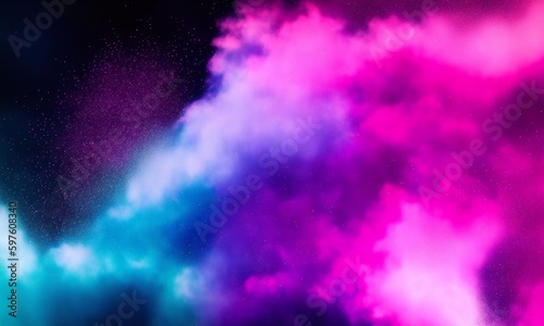 Fototapeta Glitter mist. Color vapor texture. Ink water mix. Fantasy sky. Neon pink blue shiny sparkling particles smoke floating on dark abstract art background with free space (Generative AI)