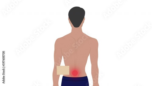Animated video of a man with back pain, medical patch relieving low back pain. Muscle pain patch. Man uses Band-Aid to relieve lower back pain.
