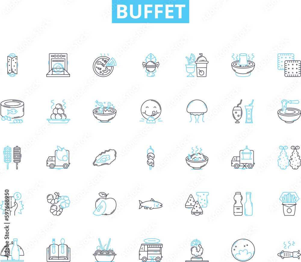 Buffet linear icons set. Spread, Plentiful, Variety, Indulgence, Satisfying, Selection, Lavish line vector and concept signs. Abundance,Feast,Options outline illustrations Buffet linear icons set. Spread, Plentiful, Variety, Indulgence, Satisfying, Selection, Lavish line vector and concept signs. Abundance,Feast,Options outline illustrations