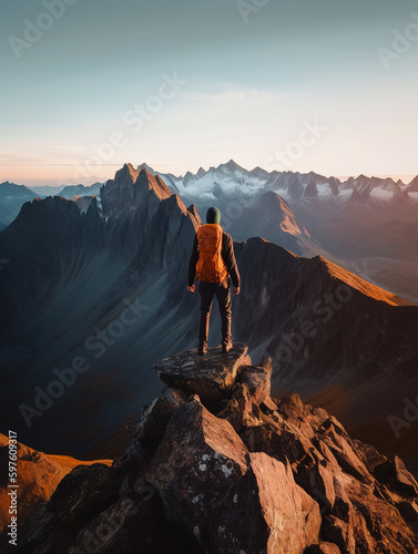 Man on the top of mountain. Young man standing on the top of cliff. Generative AI