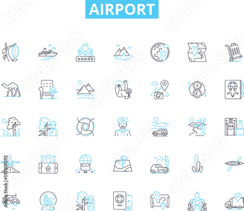 Airport linear icons set. Departure, Arrival, Security, Baggage, Terminal, Runway, Boarding line vector and concept signs. Gate,Customs,Immigration outline illustrations