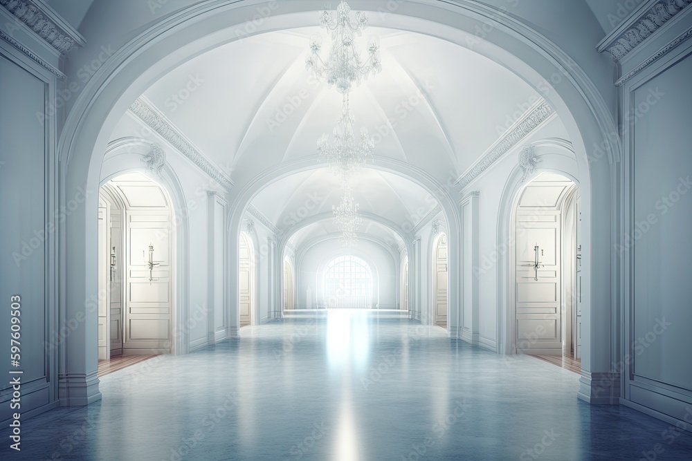 grand hallway with a sparkling chandelier suspended from the ceiling. Generative AI