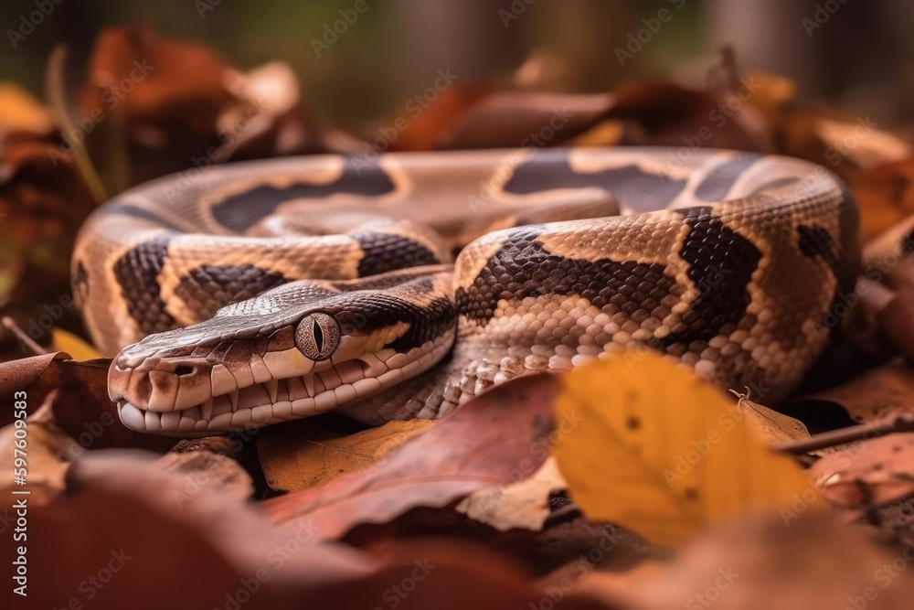 close-up of a serpent lying on lush green foliage. Generative AI close-up of a serpent lying on lush green foliage. Generative AI