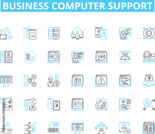 Business computer support linear icons set. Hardware, Software, Nerking, IT, Security, Maintenance, Troubleshooting line vector and concept signs. Helpdesk,Backup,Recovery outline illustrations