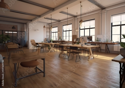 workspace, office, coworking space with wood interior in a modern style with a lot of lights and plants