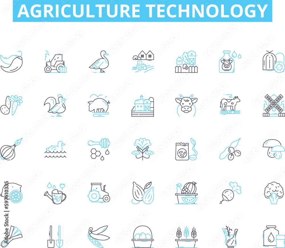 Agriculture technology linear icons set. Irrigation, Biotechnology, Genetics, Sustainability, Agronomy, Nanotechnology, Livestock line vector and concept signs. Precision,Mechanization,Fertilizer