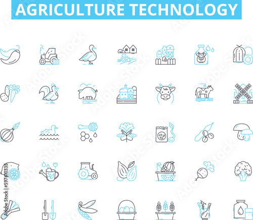 Agriculture technology linear icons set. Irrigation, Biotechnology, Genetics, Sustainability, Agronomy, Nanotechnology, Livestock line vector and concept signs. Precision,Mechanization,Fertilizer