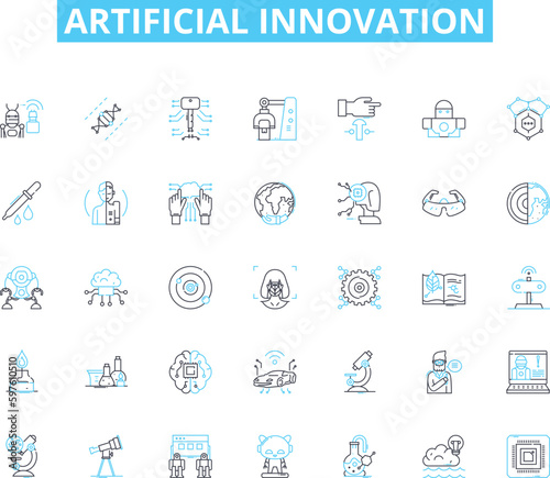 Artificial innovation linear icons set. Automation, Robotics, Machine-learning, Nanotechnology, Virtuality, Cyborgs, Teleoperation line vector and concept signs. Smart systems,Augmented Reality,Self