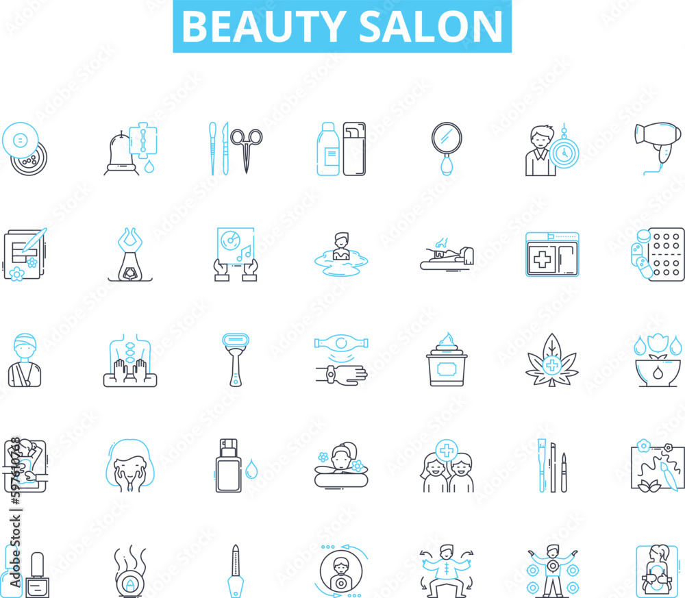 Beauty salon linear icons set. Hair, Makeup, Nails, Facials, Massage, Waxing, Eyelashes line vector and concept signs. Pedicure,Manicure,Relaxation outline illustrations