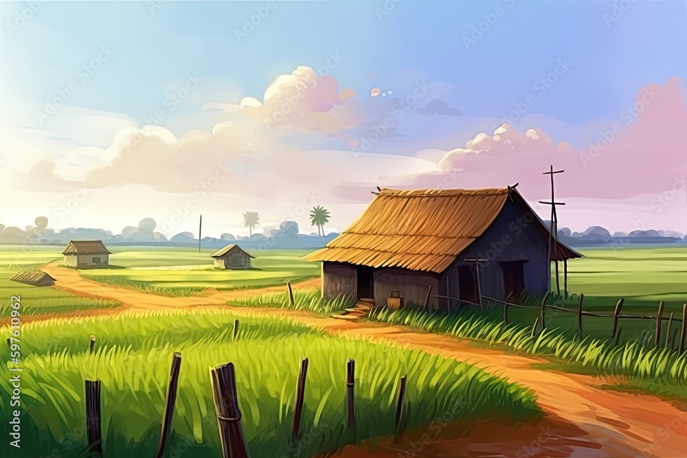 peaceful rural landscape with a winding dirt road. Generative AI peaceful rural landscape with a winding dirt road. Generative AI