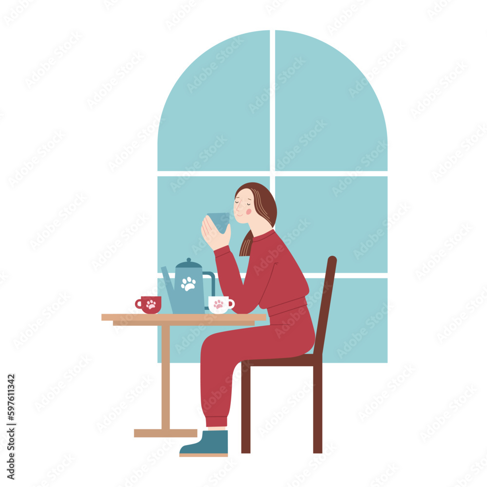 Girl with a cup of tea at a cafe table by the window vector on a white background