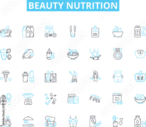 Beauty nutrition linear icons set. Collagen, Antioxidants, Hydration, Supple, Radiant, Nourishment, Vitamins line vector and concept signs. Minerals,Glowing,Health outline illustrations