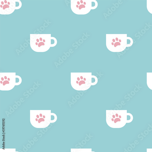 White cup with pink paw print on a blue background seamless pattern for wallpapers, textiles, fabrics, wrapping paper