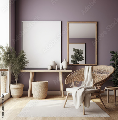 living room interior design mock up, minimal and functional apartment design mock up, Generative AI © RickyRynselo