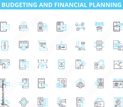Budgeting and financial planning linear icons set. Frugality, Saving, Forecasting, Investment, Prudence, Expense, Retirement line vector and concept signs. Control,Prioritizing,Analysis outline