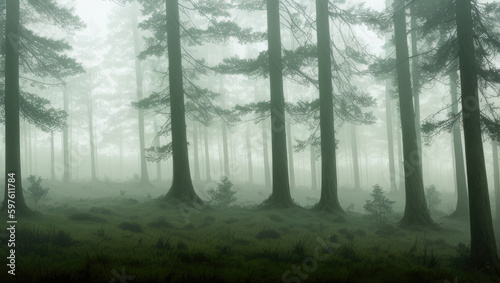 Foggy forest landscape Generative AI