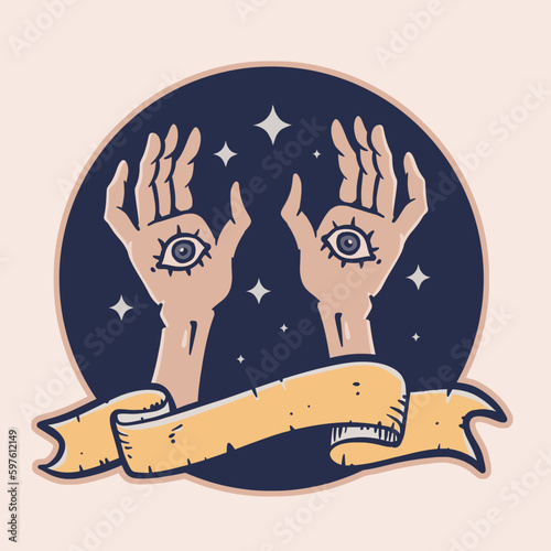 tattoo style icon with banner of mystic hands