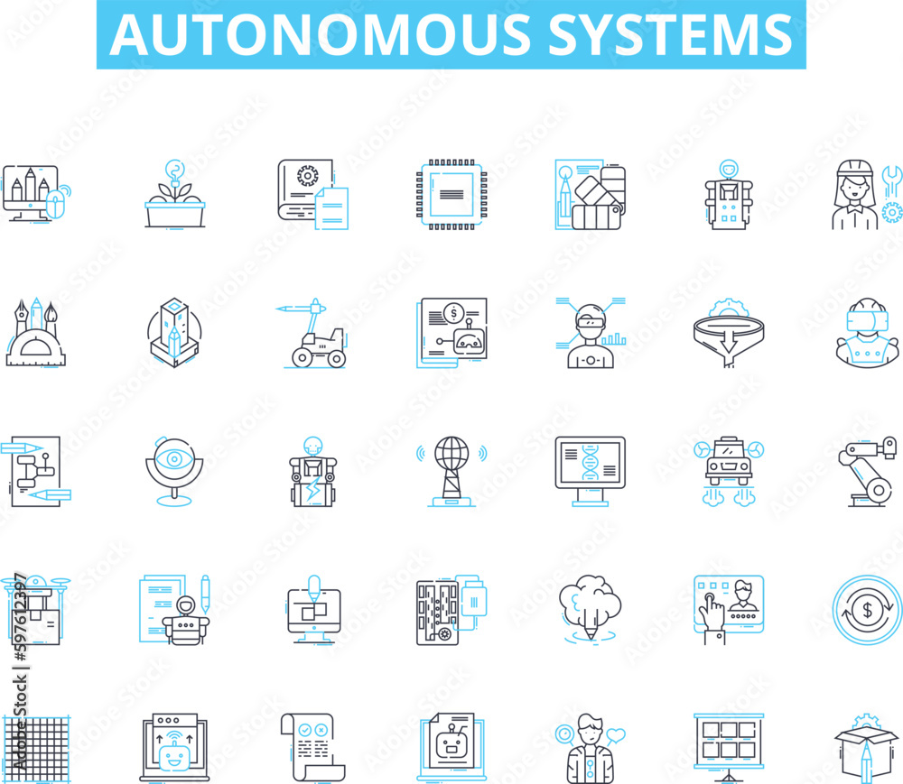 Autonomous systems linear icons set. Robotics, Automation, Self-driving, AI, Intelligence, Machine, Computer line vector and concept signs. Optical,Navigation,Remote outline illustrations