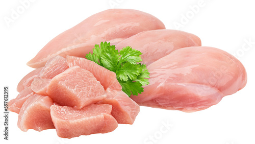 Raw chicken, fillet, isolated on white background, full depth of field