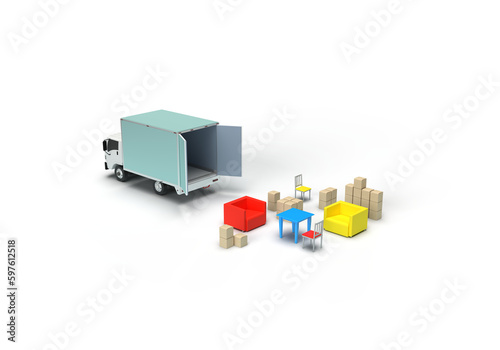 A car truck transports things, furniture, boxes. 3d render on the topic of cargo transportation, driving, business, delivery of goods. Minimal style, transparent background.