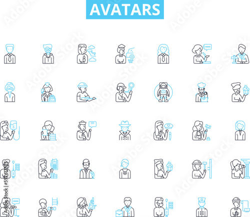 Avatars linear icons set. Virtual, Character, Online, Representation, Image, Profile, Identity line vector and concept signs. Digital,Persona,Symbol outline illustrations
