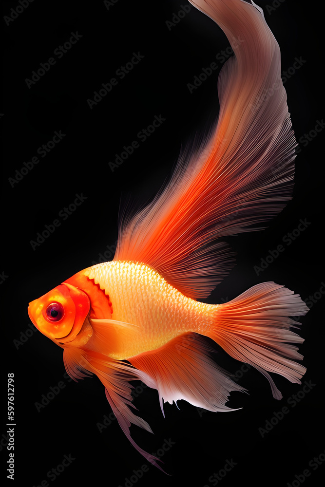 realistic photo, high detailed, macro view, beautiful betta fish underwater photography isolated on black background. Generative ai