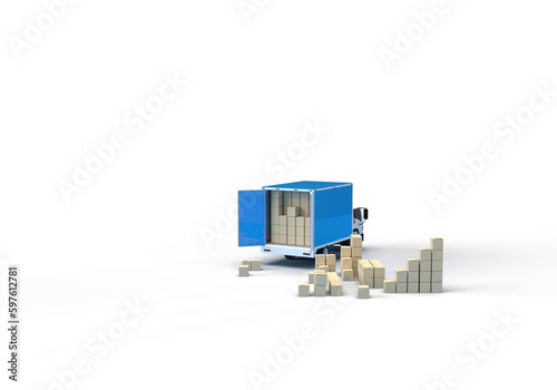 A car truck transports cardboard boxes. 3d render on the topic of freight transportation, relocation, delivery, courier. Minimal style, transparent background.