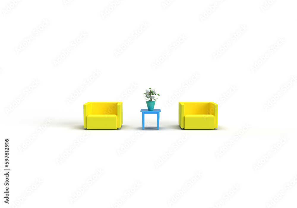 Upholstered chairs, a table and a flower. 3d render on the theme of interior, renovation, room design, furniture. Modern minimal style, transparent background. Upholstered chairs, a table and a flower. 3d render on the theme of interior, renovation, room design, furniture. Modern minimal style, transparent background.