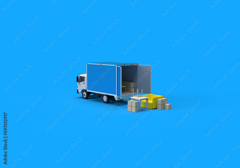 A car truck transports things, furniture, boxes. 3d render on the topic of cargo transportation, driving, business, delivery of goods. Minimal style, blue background.