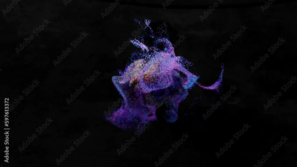 Abstract concept. A sphere, a cloud of colored chaotically moving particles on black background. Blue, purple color. 