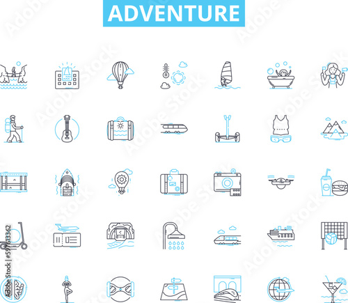 Adventure linear icons set. Exploration, Danger, Excitement, Thrill, Risk, Escape, Journey line vector and concept signs. Expedition,Quest,Odyssey outline illustrations