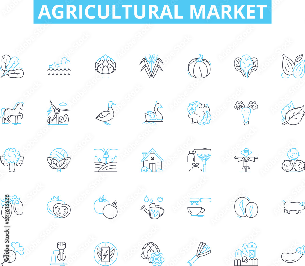 Agricultural market linear icons set. Produce, Crops, Farming, Livestock, Harvesting, Irrigation, Agribusiness line vector and concept signs. Commodity,Grains,Fertilizer outline illustrations