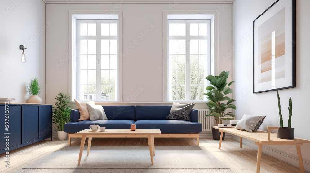 warm living room with a dark blue sofa and a large wooden frame, Scandinavian style. Generative AI warm living room with a dark blue sofa and a large wooden frame, Scandinavian style. Generative AI