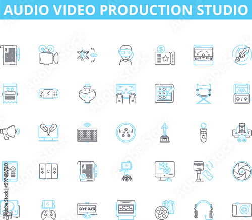 Audio video production studio linear icons set. Recording, Sound, Studio, Production, Mixing, Mastering, Editing line vector and concept signs. Composing,Arranging,Mic outline illustrations