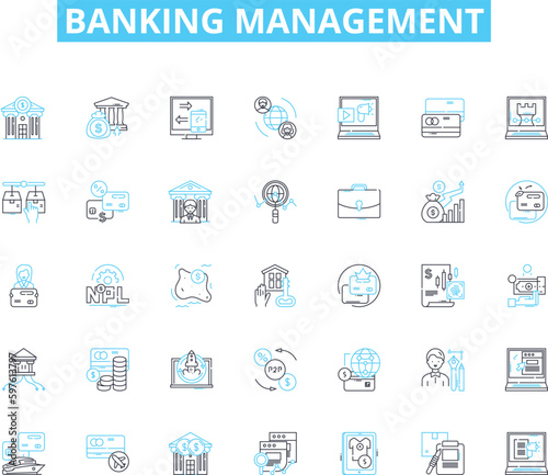 Banking management linear icons set. Funds, Loans, Investments, Deposits, Interest, Transactions, Credit line vector and concept signs. Security,Cash,Budgeting outline illustrations