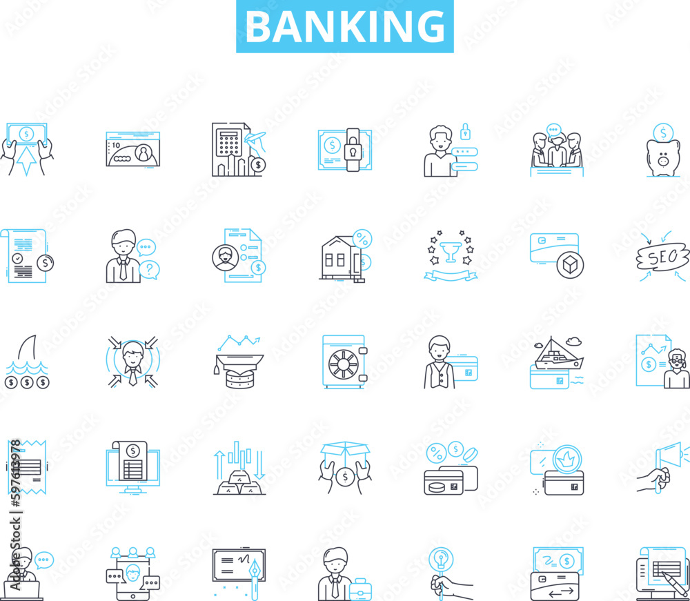 Banking linear icons set. Finance, Deposits, Withdrawals, Checking, Savings, Loans, Credit line vector and concept signs. Interest,Accounts,Investments outline illustrations Banking linear icons set. Finance, Deposits, Withdrawals, Checking, Savings, Loans, Credit line vector and concept signs. Interest,Accounts,Investments outline illustrations