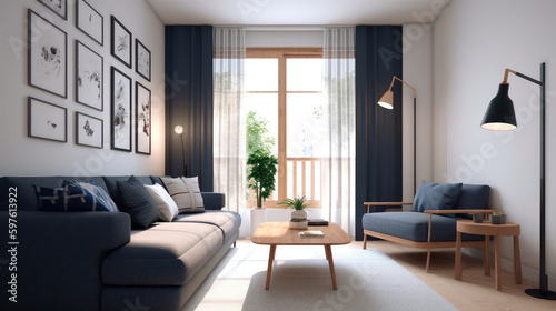 warm living room with a dark blue sofa and a large wooden frame, Scandinavian style. Generative AI © keks20034