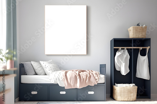 wall art mockup, kids nursery mockup wall art, girl bedroom Mock up frame, boho style,  Scandinavian style, cozy nursery background with mock up of a wall, girl room, generative ai