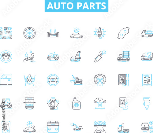 Auto parts linear icons set. Engine, Suspension, Brakes, Transmission, Battery, Alternator, Radiator line vector and concept signs. Ignition,Exhaust,Filter outline illustrations