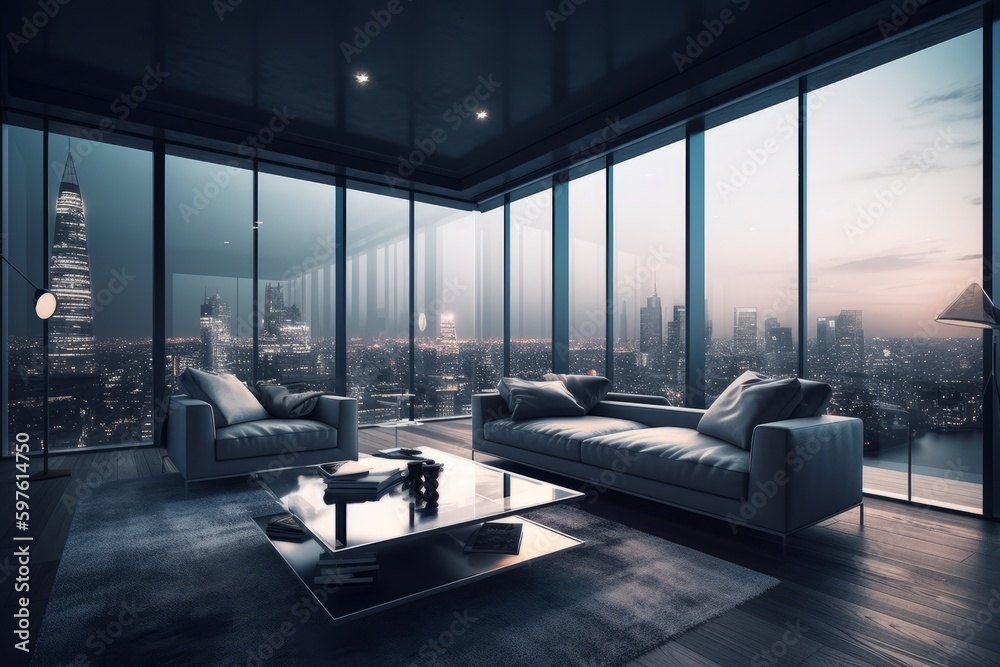 Living room with a view: Illustrate a luxurious living room in a penthouse with floor-to-ceiling windows offering a stunning view of the city skyline at night. Generative Ai - obrazy, fototapety, plakaty 