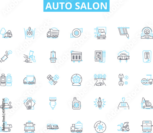Auto salon linear icons set. Luxury, Exotic, Performance, Classic, Modern, Custom, Tuned line vector and concept signs. Hybrid,Electric,Sports outline illustrations