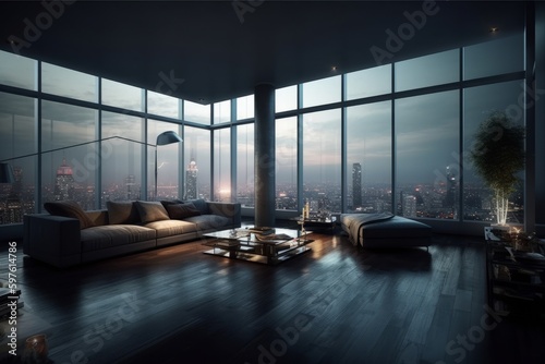 Living room with a view: Illustrate a luxurious living room in a penthouse with floor-to-ceiling windows offering a stunning view of the city skyline at night. Generative Ai
