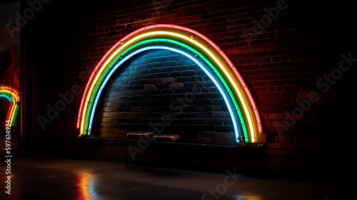 Luminescent Rainbow Neon Light/Sign Against a Brick Wall at Night - LGBTQ and Pride Themed Background - Generative AI
