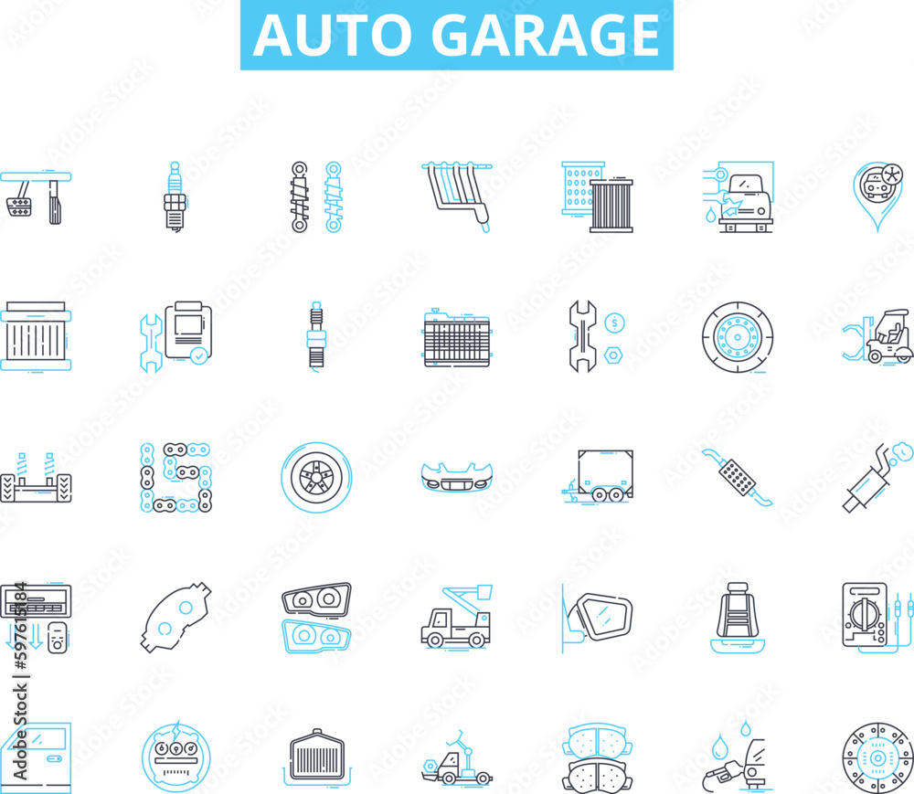 Auto garage linear icons set. Repair, Maintenance, Mechanic, Service, Tune-up, Oil, Brake line vector and concept signs. Tire,Exhaust,Suspension outline illustrations Auto garage linear icons set. Repair, Maintenance, Mechanic, Service, Tune-up, Oil, Brake line vector and concept signs. Tire,Exhaust,Suspension outline illustrations