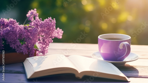 Cup of coffee with book and Lilly flowers. Illustration AI Generative.
