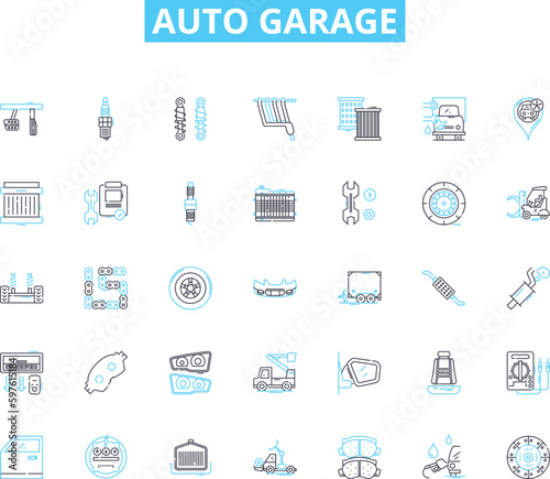 Auto garage linear icons set. Repair, Maintenance, Mechanic, Service, Tune-up, Oil, Brake line vector and concept signs. Tire,Exhaust,Suspension outline illustrations