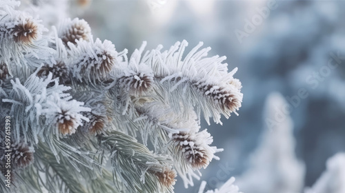Winter Christmas background with Fir and snow. Illustration AI Generative.